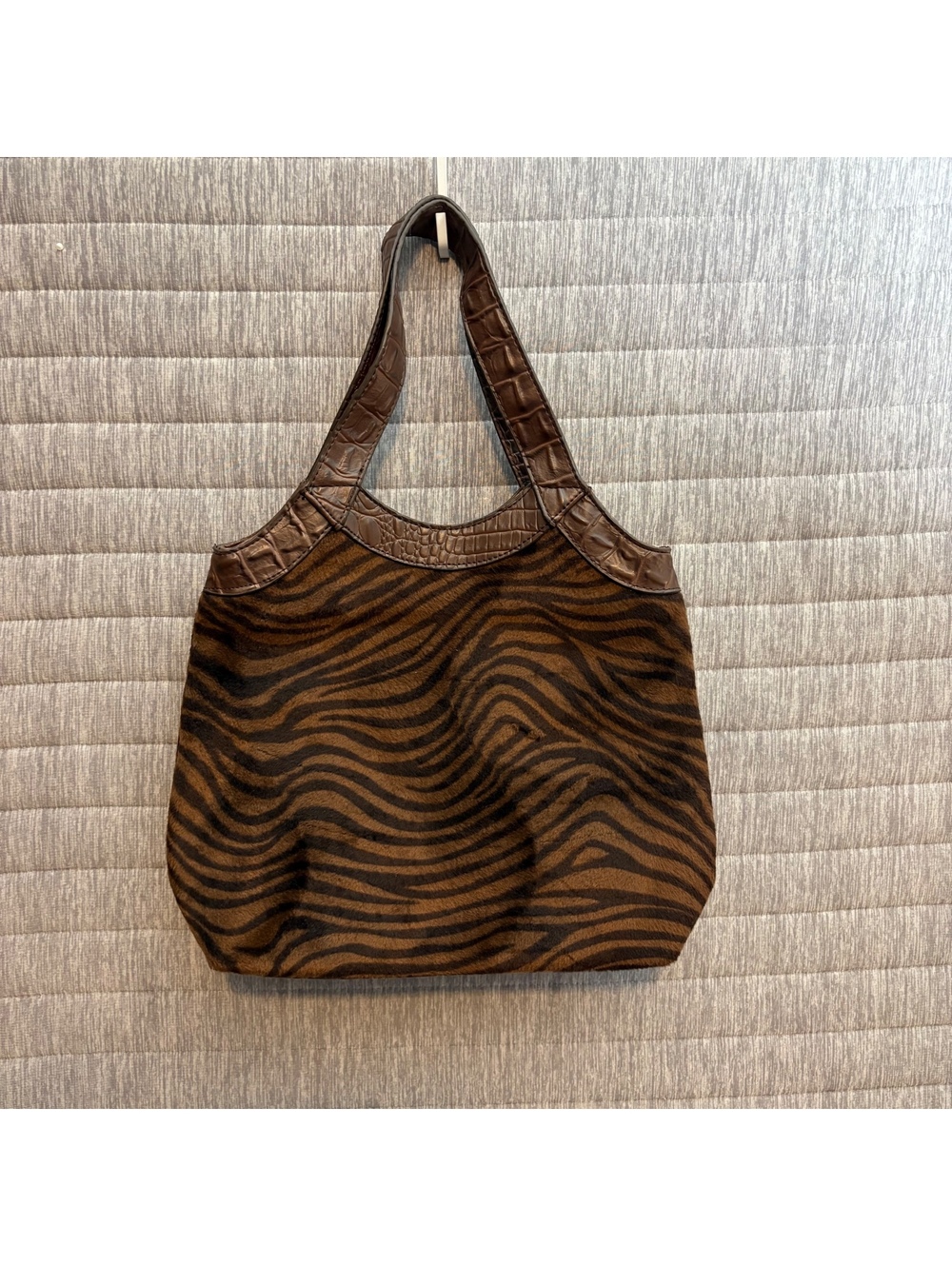 Brown Zebra Print Tote Bag with Faux Croc Leather Trim